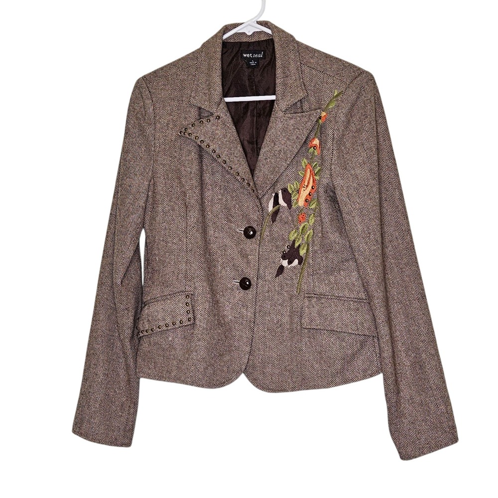 Wet Seal Vintage Y2K 90s Women L Wool Herringbone Embroidered Bird Blazer Jacket
